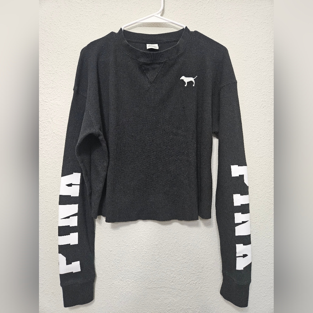 Pink small black waffle knit cotton blend longsleeve crop shirt top dog Logo
